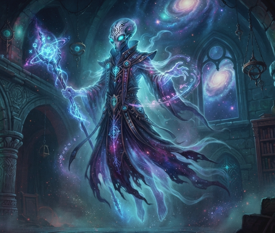 Alien ghost wizard casting cosmic magic in an arcane library